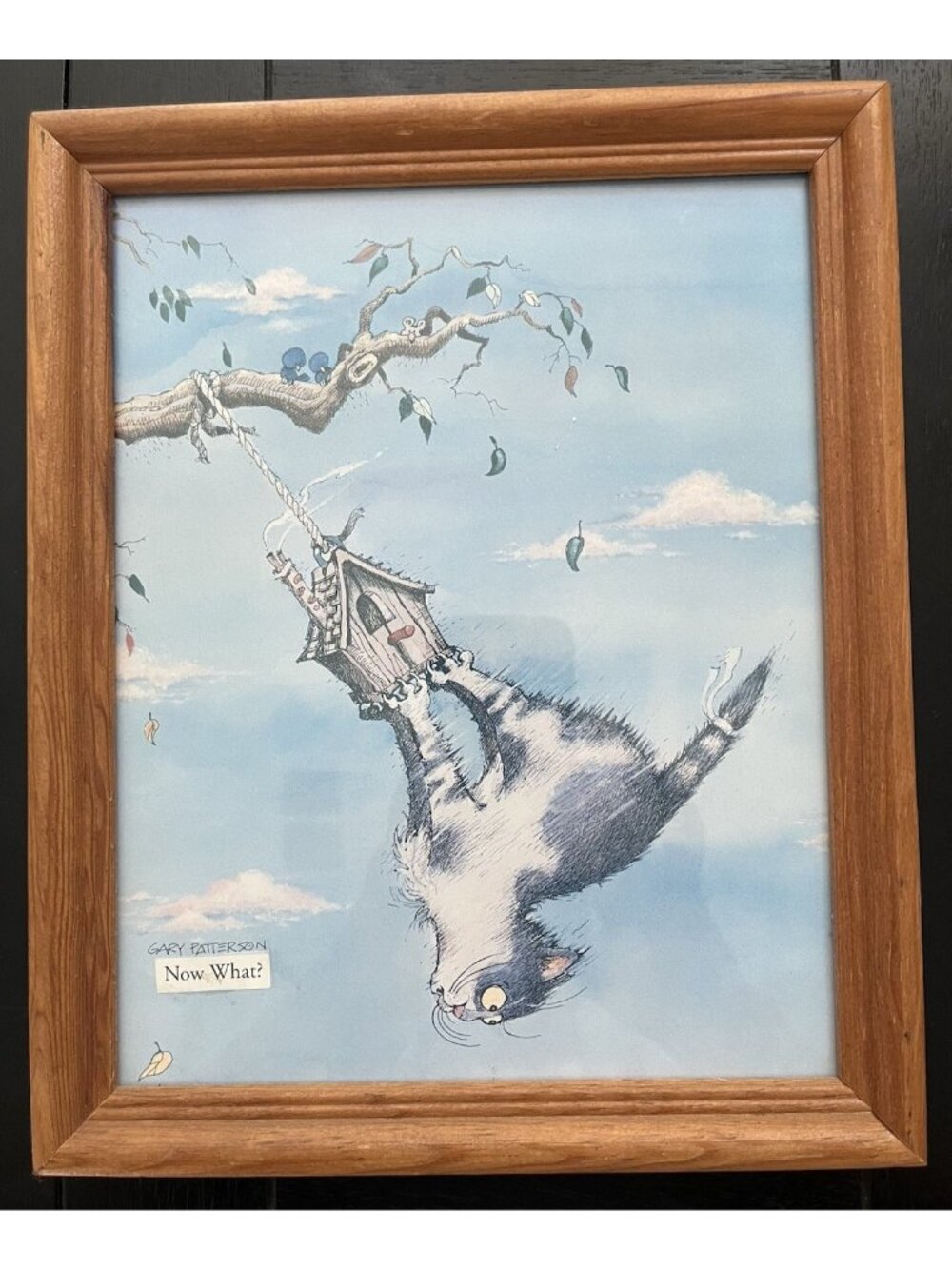 Vtg 70s Gary Patterson "Now What?" Cat Framed Art Print Solid Wood Frame 9x11"